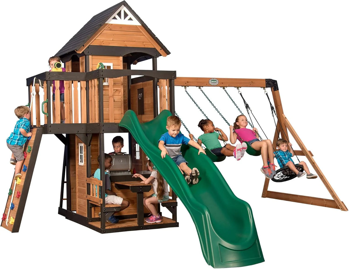 Cedar Wood Swing Set with Wave Slide and Play Features