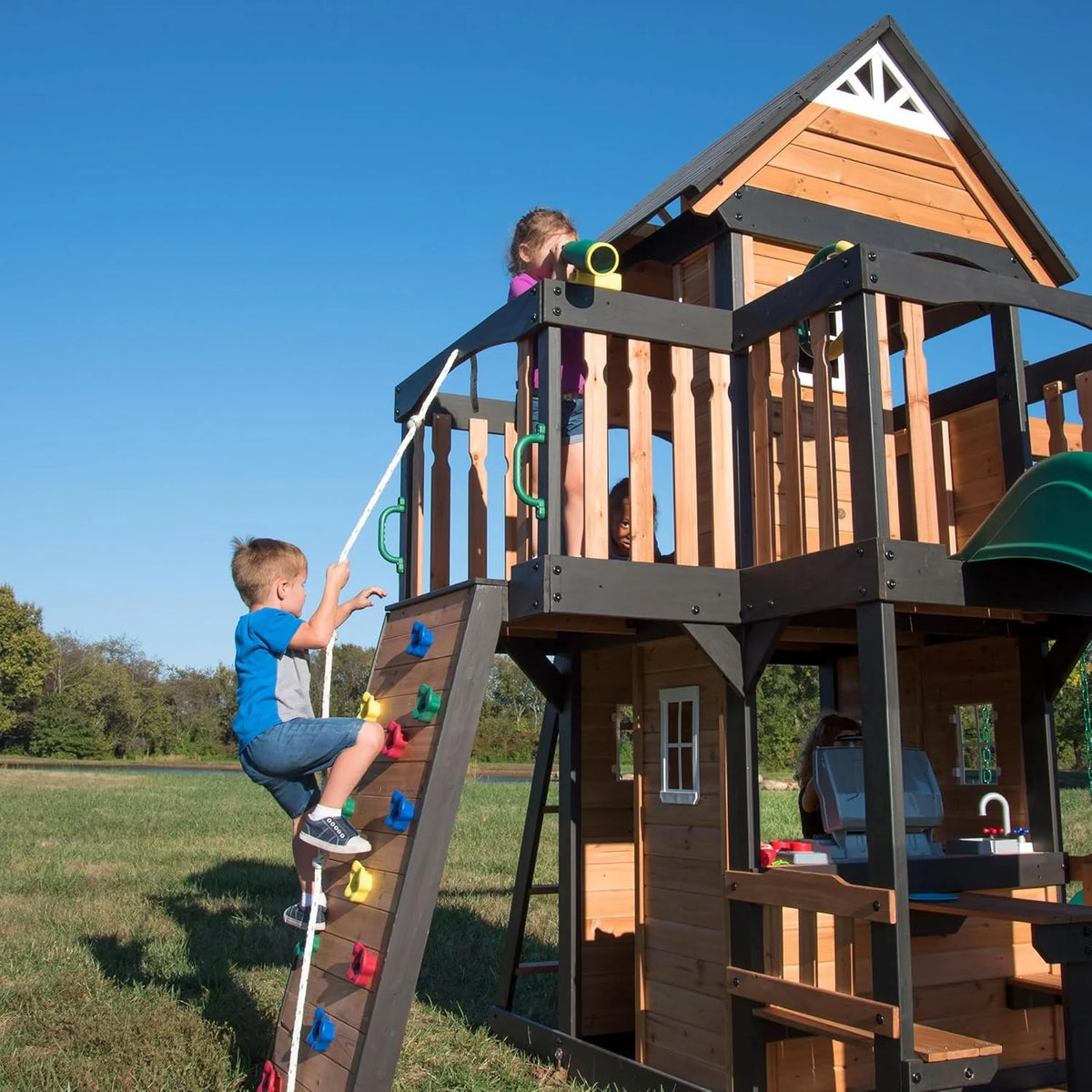 Cedar Wood Swing Set with Wave Slide and Play Features - Option 2