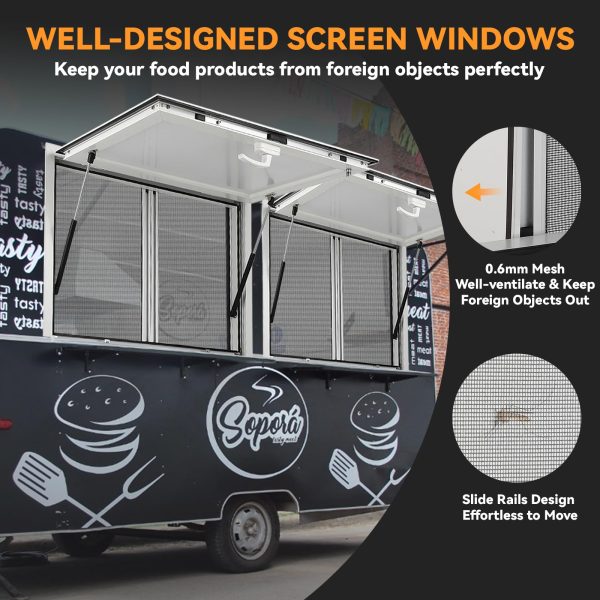 Concession Window 36W x 36H Aluminum Alloy Food Truck Service Window with Sliding Screens & Awning Door, Hydraulic Lift, Locking Mechanism, Versatile for Catering