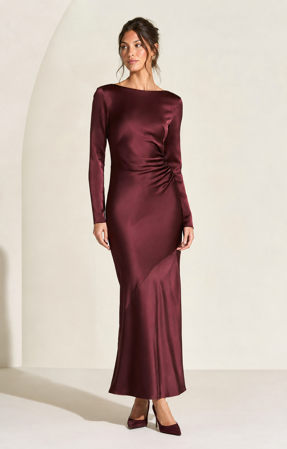 Maren Draped-Back Satin Dress