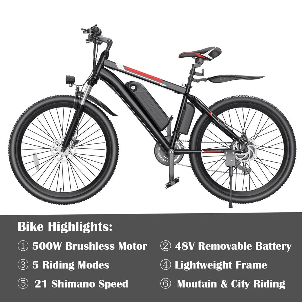 500W 26-Inch Electric Bicycle for Adults with Cruise Control