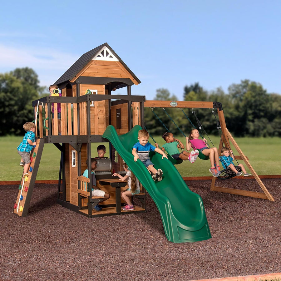 Cedar Wood Swing Set with Wave Slide and Play Features