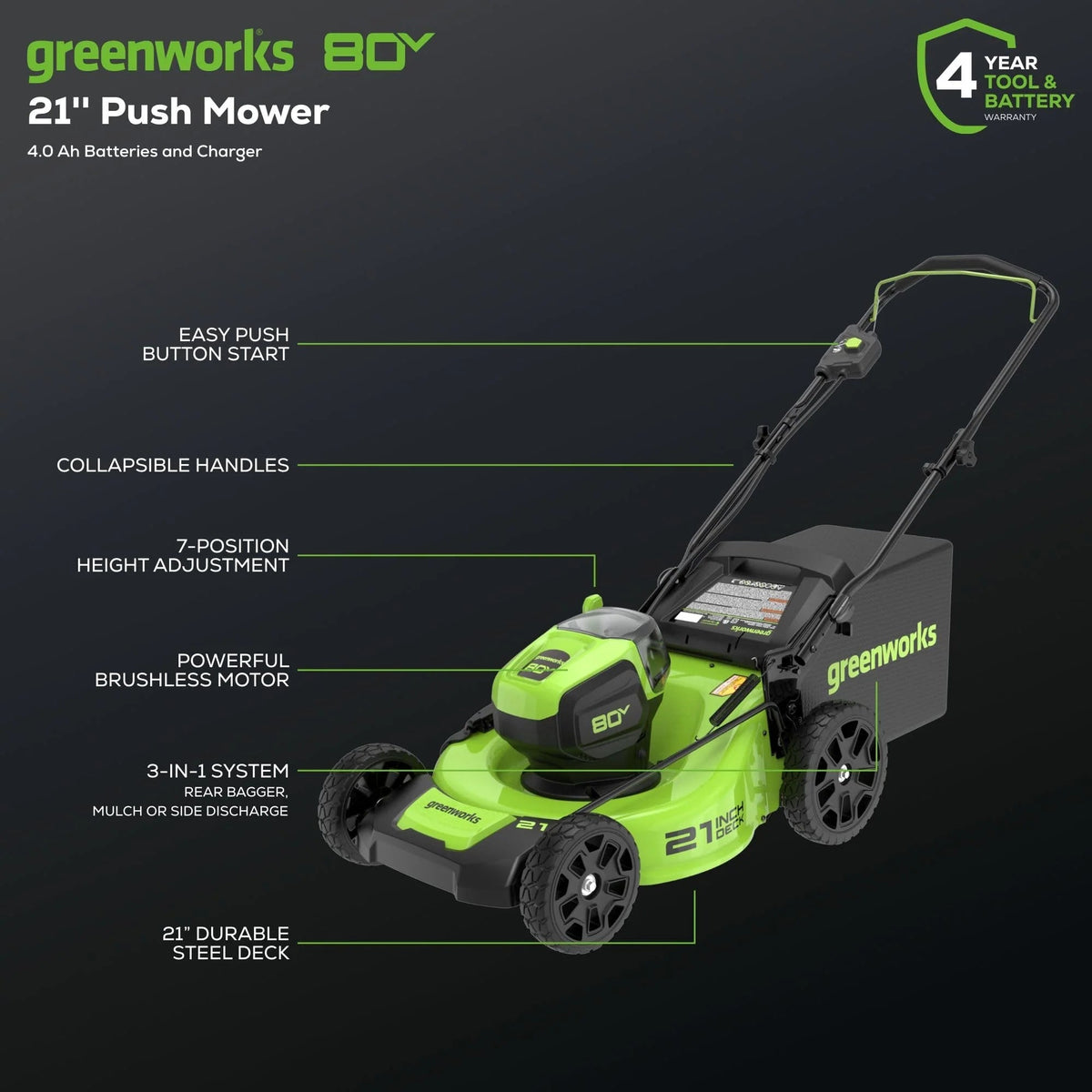 80V 21-Inch Brushless Cordless Lawn Mower