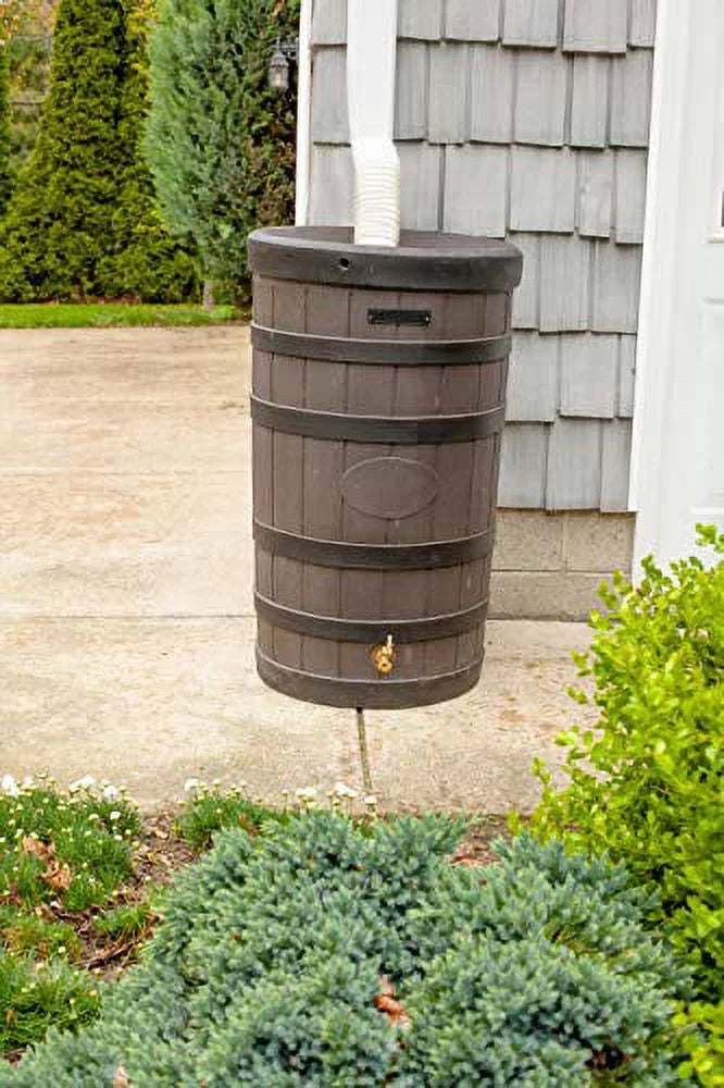 50-Gallon Outdoor Rain Barrel with Wood-Look Finish
