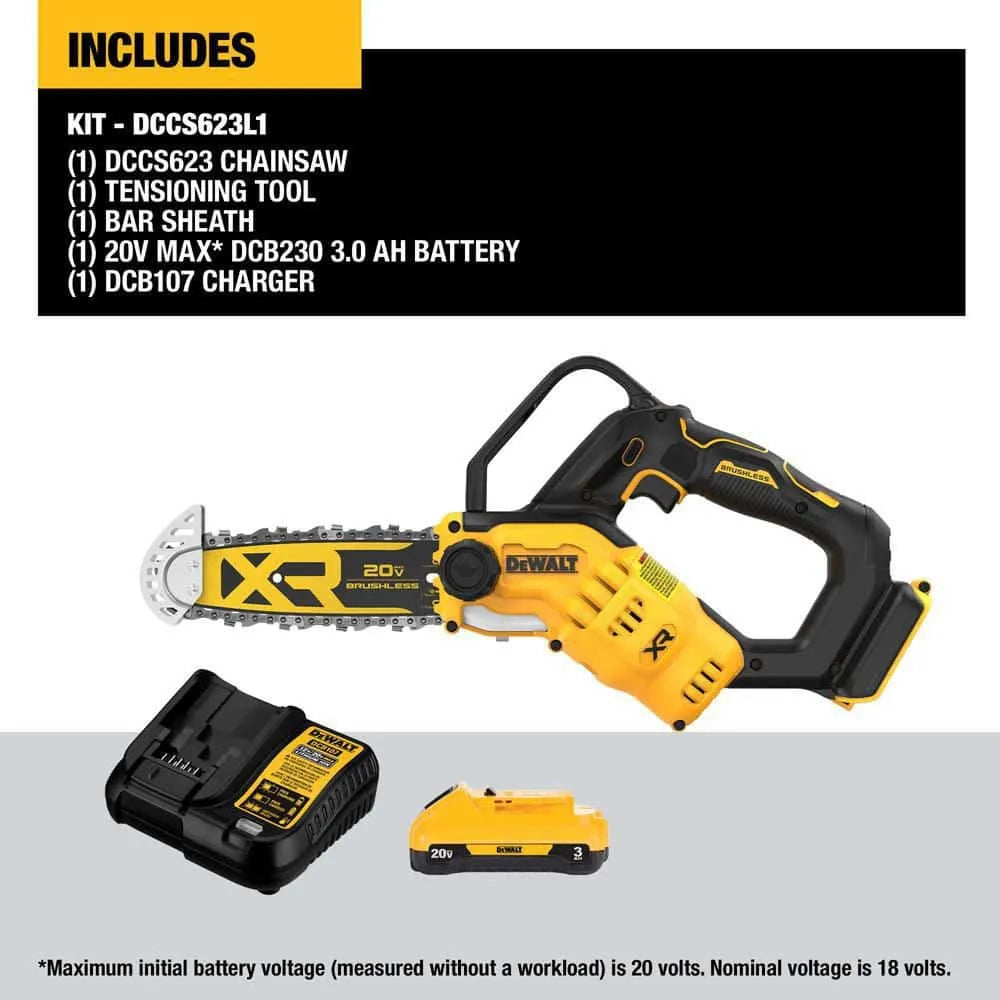 8-Inch 20V Cordless Pruning Chainsaw Kit with 3Ah Battery and Charger - DCCS623L1
