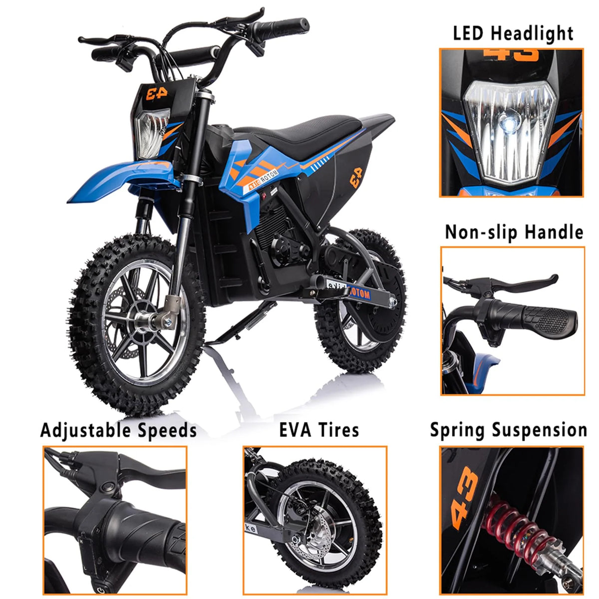 36V Kids Electric Dirt Bike, 36V, 350W, 15.5MPH, LED, 175lbs Max – Blue