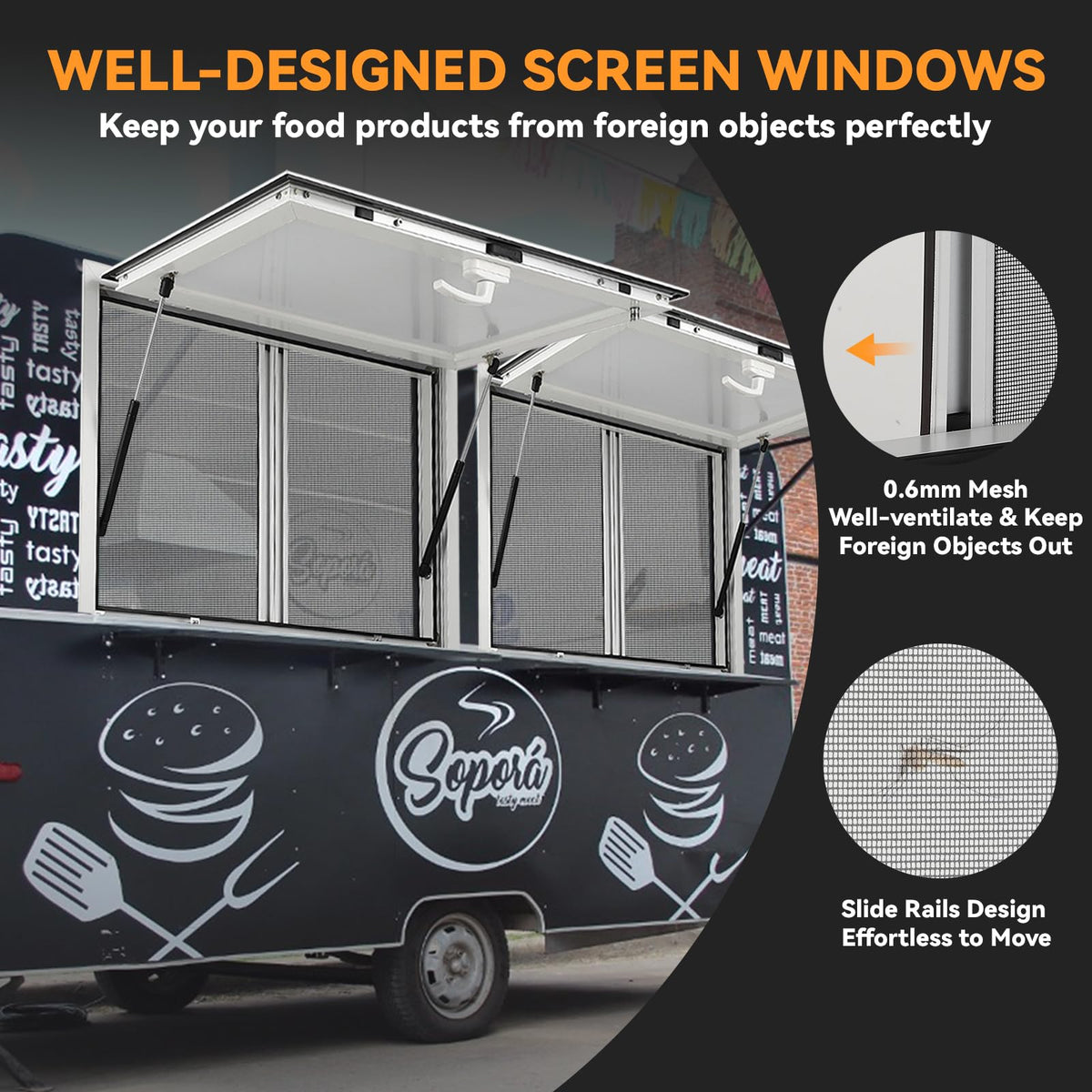 Concession Window 36W x 36H Aluminum Alloy Food Truck Service Window with Sliding Screens & Awning Door, Hydraulic Lift, Locking Mechanism, Versatile for Catering